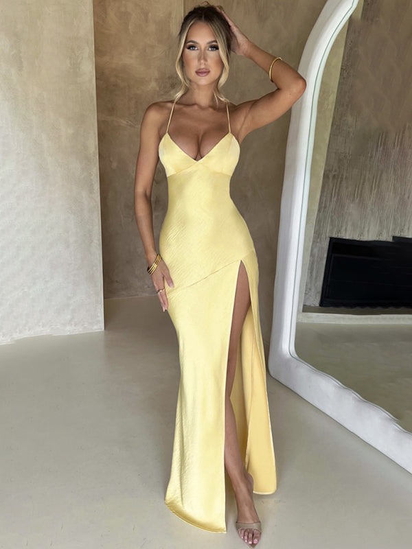 Satin V-neck High Slit Dress - Arabella's Couture 