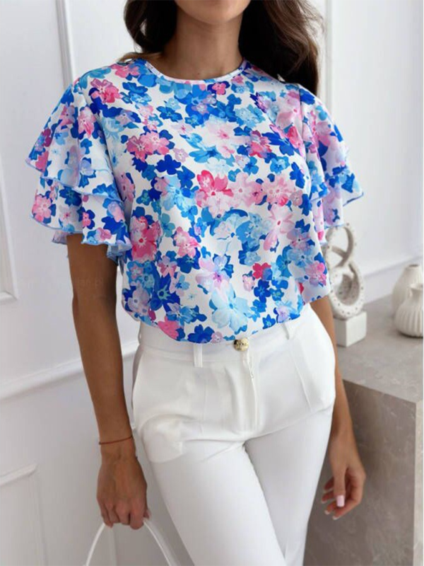 Flower Print Ruffle Short-sleeved Top