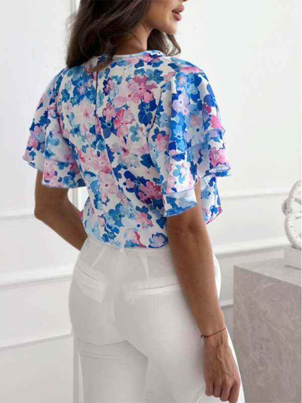 Flower Print Ruffle Short-sleeved Top