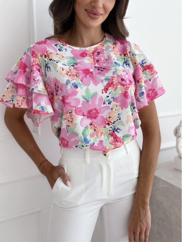 Flower Print Ruffle Short-sleeved Top