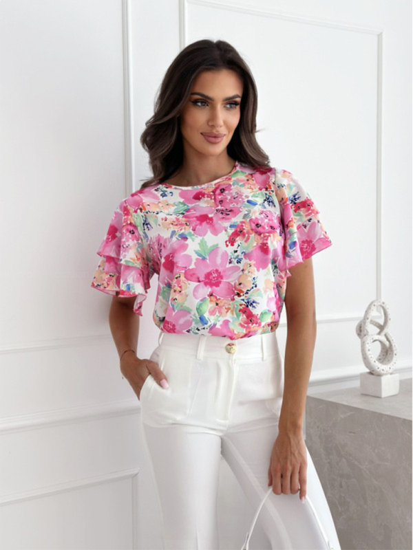 Flower Print Ruffle Short-sleeved Top