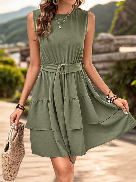 Ruffle Belted Sleeveless Dress
