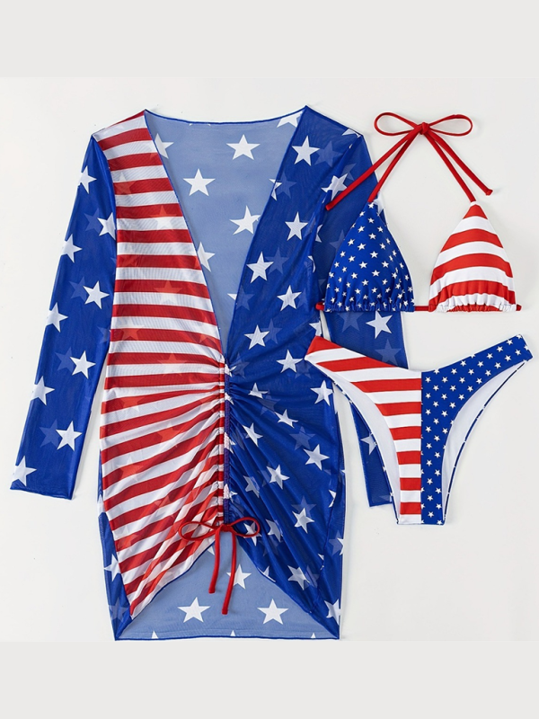 Independence Day Flag Printed Bikini Three-piece Set