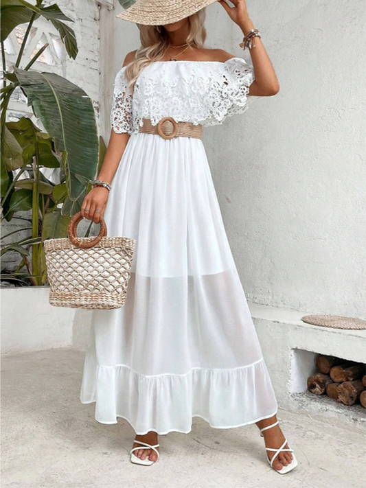 Off-the-shoulder Lace Ruffle Hem Dress (Belt Not Included)