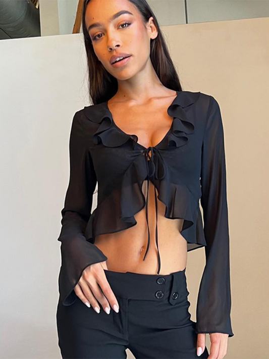 Ruffled Lace-up Deep V-neck Transparent Top