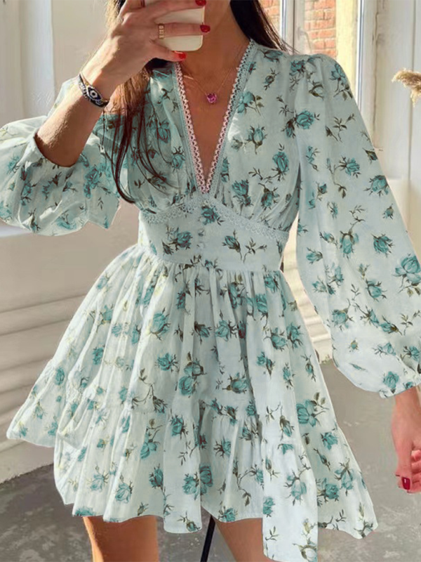 Floral Print Lace V-Neck Dress