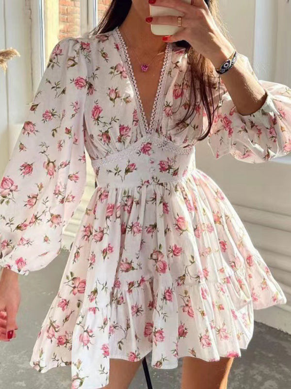 Floral Print Lace V-Neck Dress