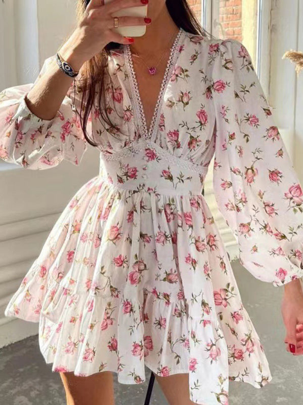 Floral Print Lace V-Neck Dress