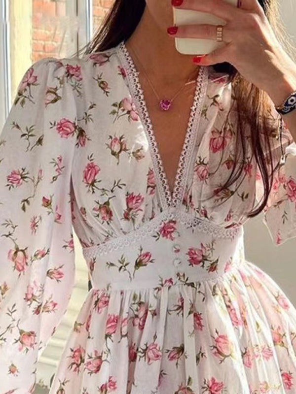 Floral Print Lace V-Neck Dress