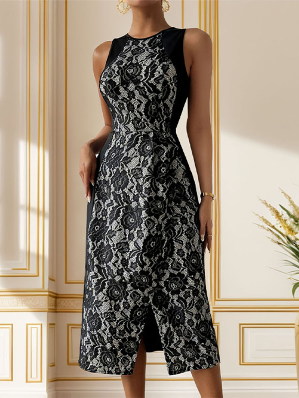 Floral Lace Printed Sleeveless Slit Dress