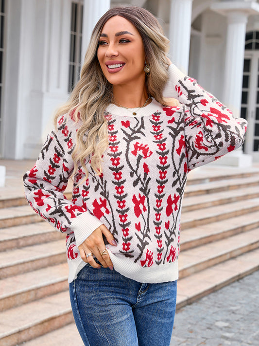 Jacquard Flower Knitted Round Neck Sweater