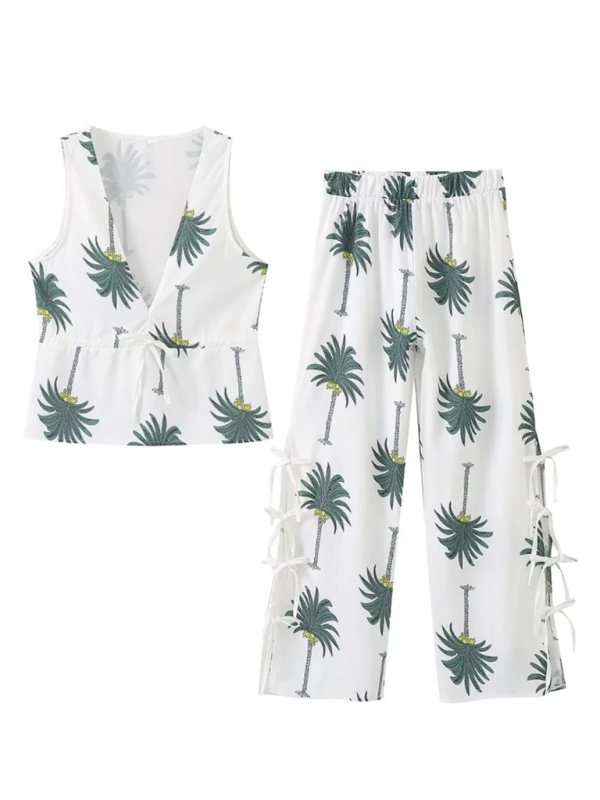 V-neck Coconut Tree Print Sleeveless Vest Top Trousers Set