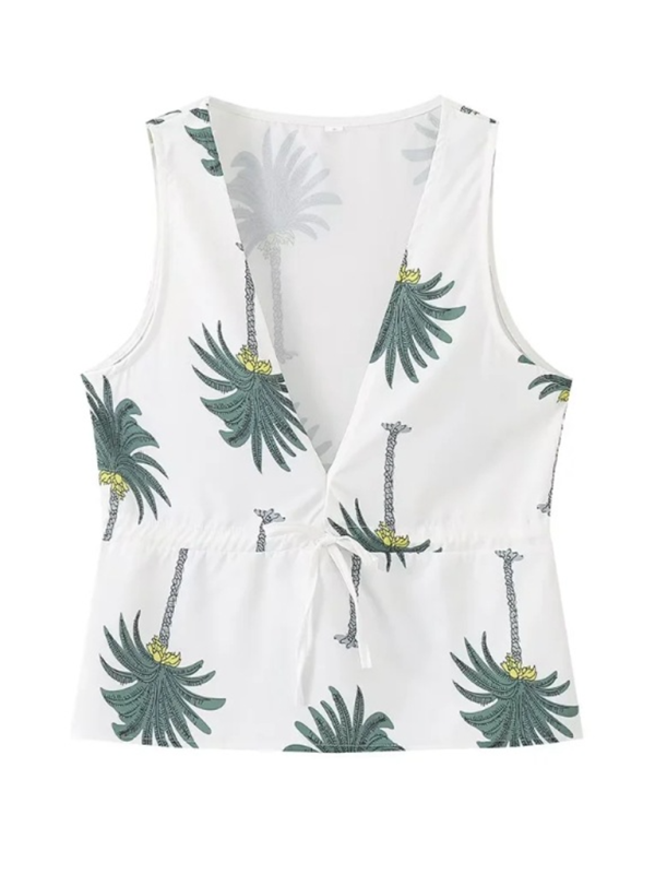 V-neck Coconut Tree Print Sleeveless Vest Top Trousers Set