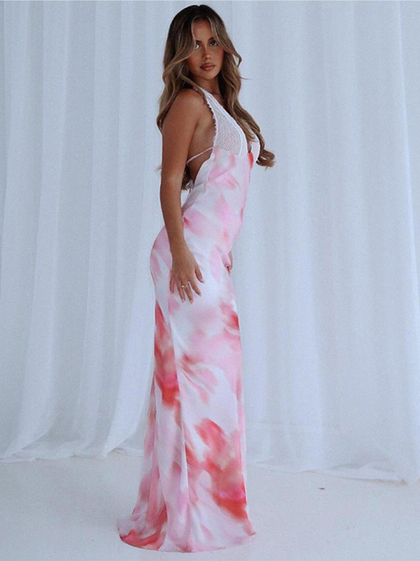 V-Neck Lace Halter-neck Print Maxi Dress