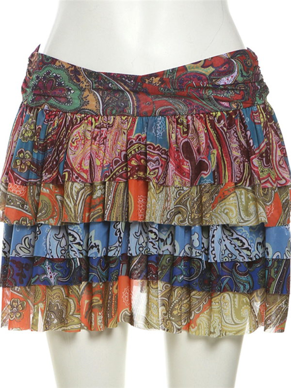 Ruffle Pleated Color Print Mini Skirt