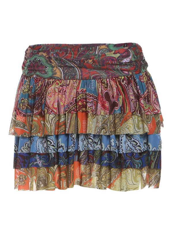 Ruffle Pleated Color Print Mini Skirt