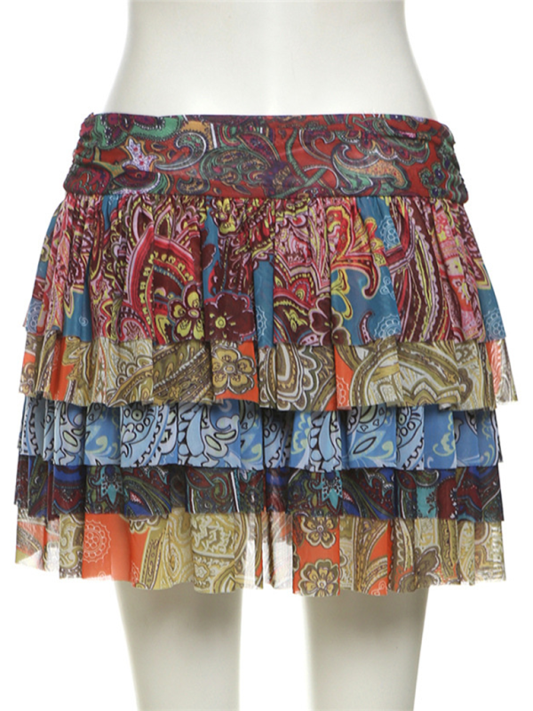 Ruffle Pleated Color Print Mini Skirt