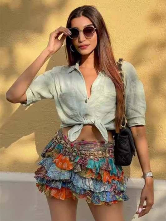 Ruffle Pleated Color Print Mini Skirt