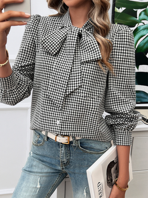 Gingham Large Bow Long Sleeve Blouse