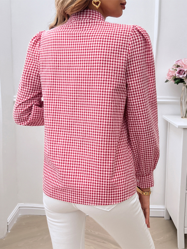 Gingham Large Bow Long Sleeve Blouse