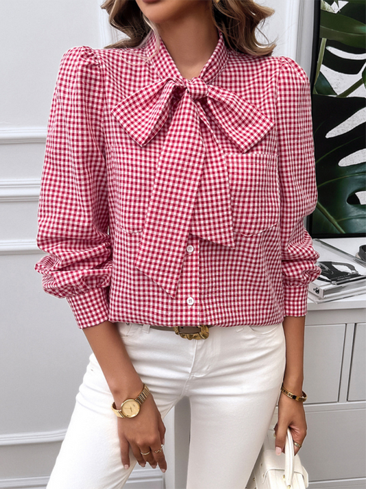 Gingham Large Bow Long Sleeve Blouse