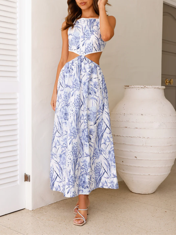 Floral Print Lace-up Halterneck Hollow-waist Dress