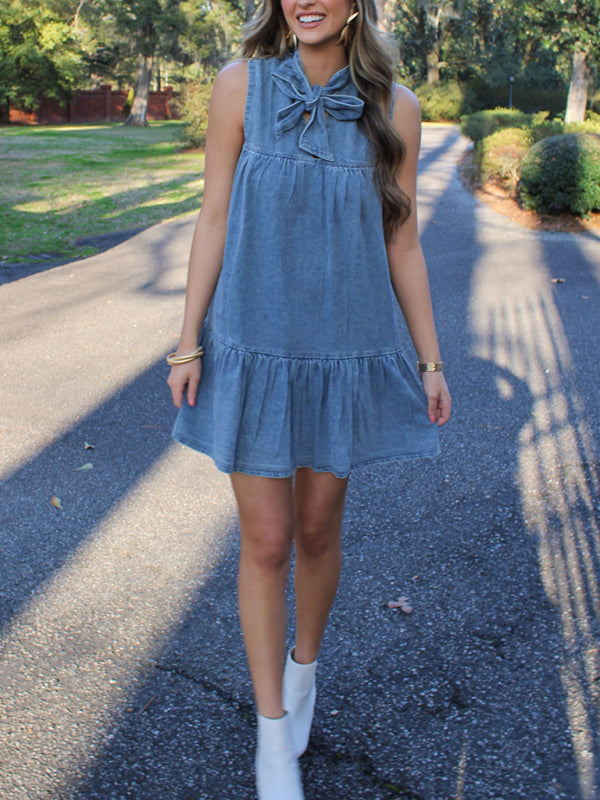 Bow Tie Loose Denim Short Dress