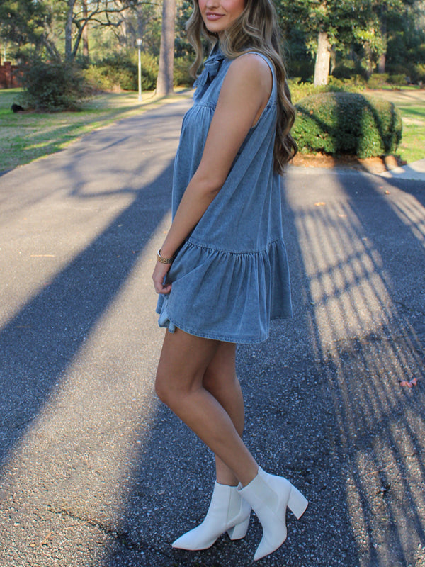 Bow Tie Loose Denim Short Dress