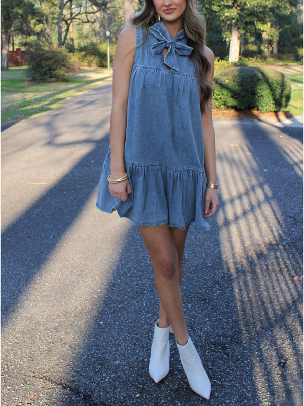 Bow Tie Loose Denim Short Dress