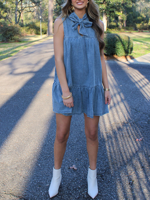 Bow Tie Loose Denim Short Dress