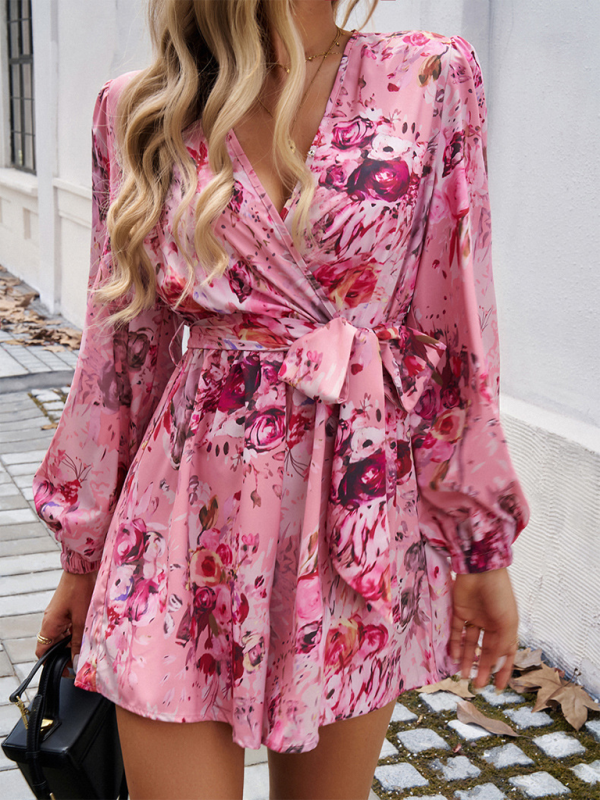 Printed Belted Long-sleeve Shorts Jumpsuit