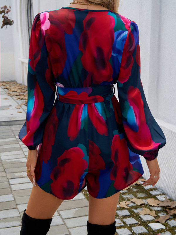 Printed Belted Long-sleeve Shorts Jumpsuit