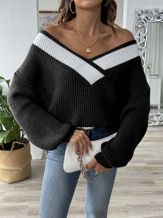 V-neck Contrast Color Loose Sweater