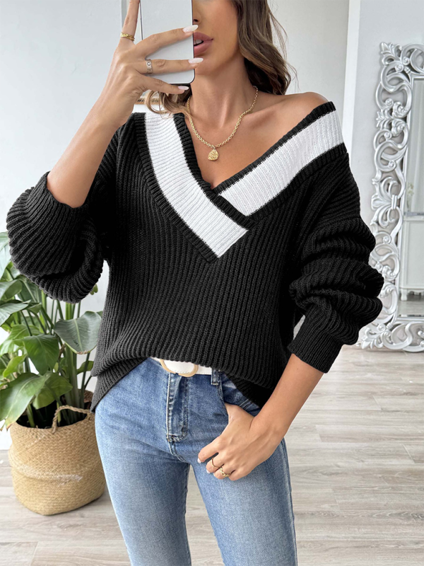 V-neck Contrast Color Loose Sweater