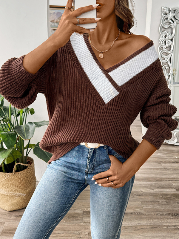 V-neck Contrast Color Loose Sweater