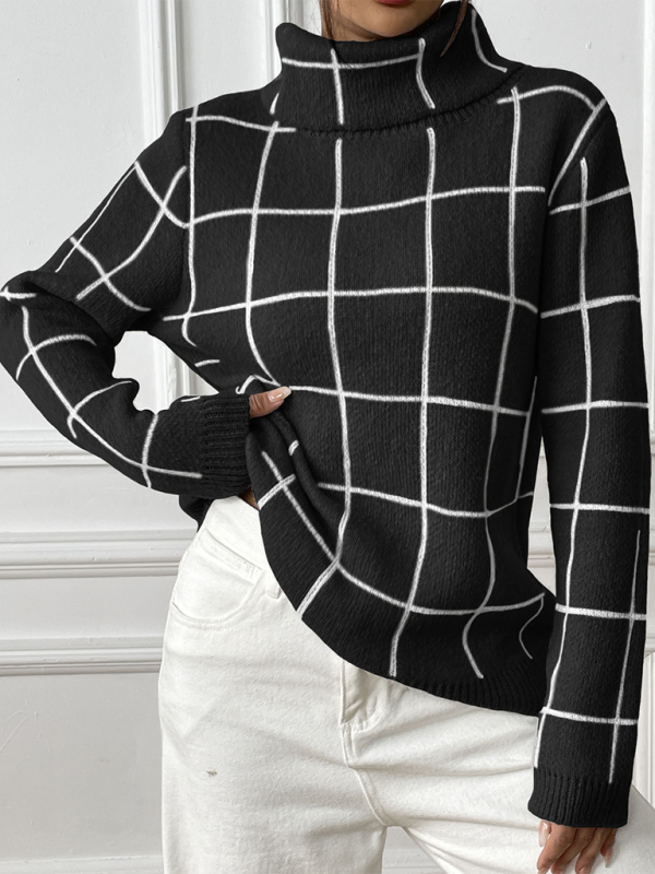 Plaid Turtleneck Long-sleeve Sweater