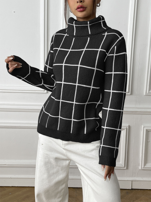 Plaid Turtleneck Long-sleeve Sweater