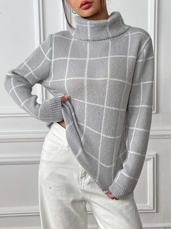 Plaid Turtleneck Long-sleeve Sweater