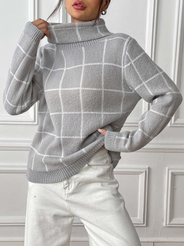 Plaid Turtleneck Long-sleeve Sweater