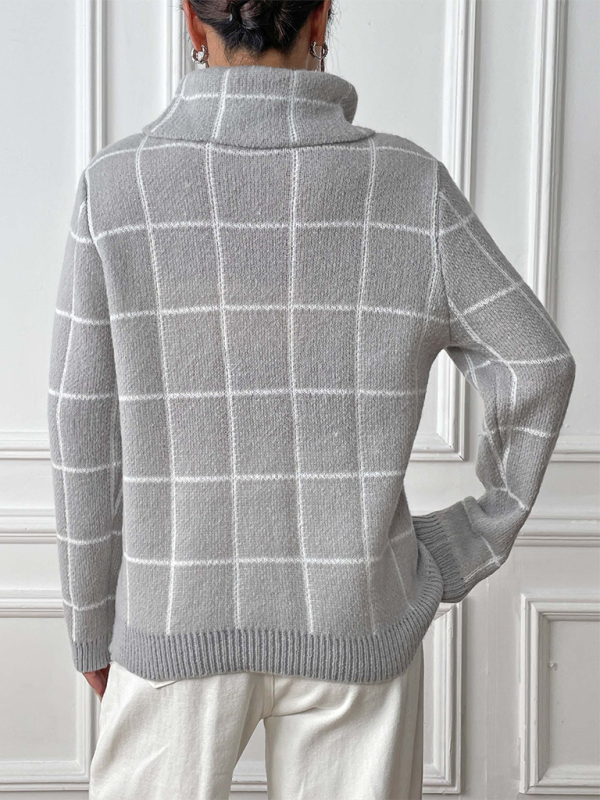 Plaid Turtleneck Long-sleeve Sweater