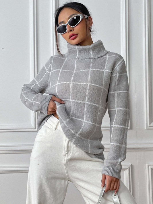 Plaid Turtleneck Long-sleeve Sweater