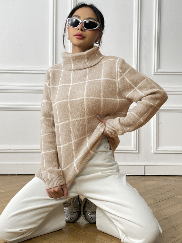 Plaid Turtleneck Long-sleeve Sweater