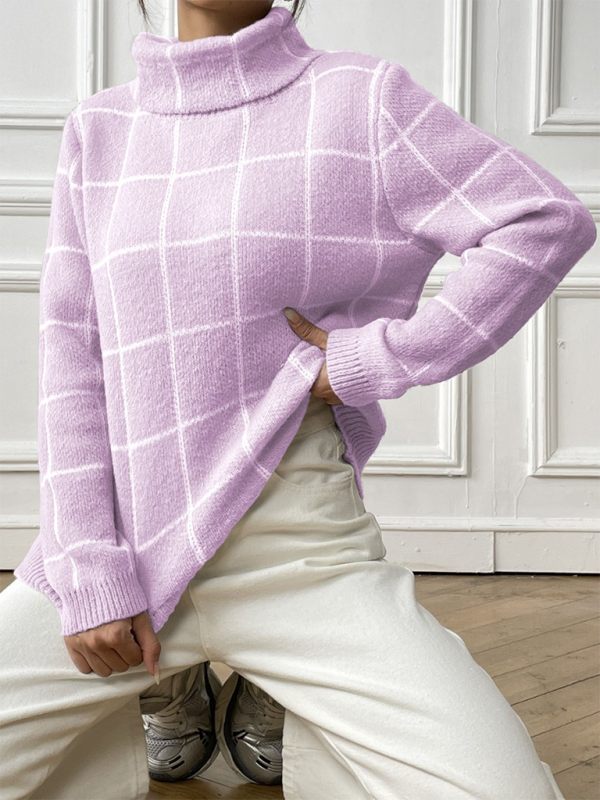 Plaid Turtleneck Long-sleeve Sweater