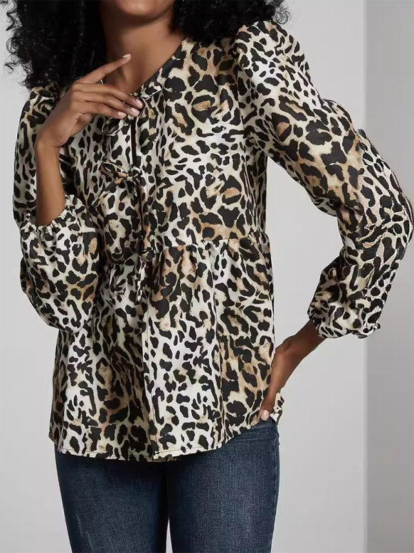 Leopard Print Lace-Up Loose Shirt Top