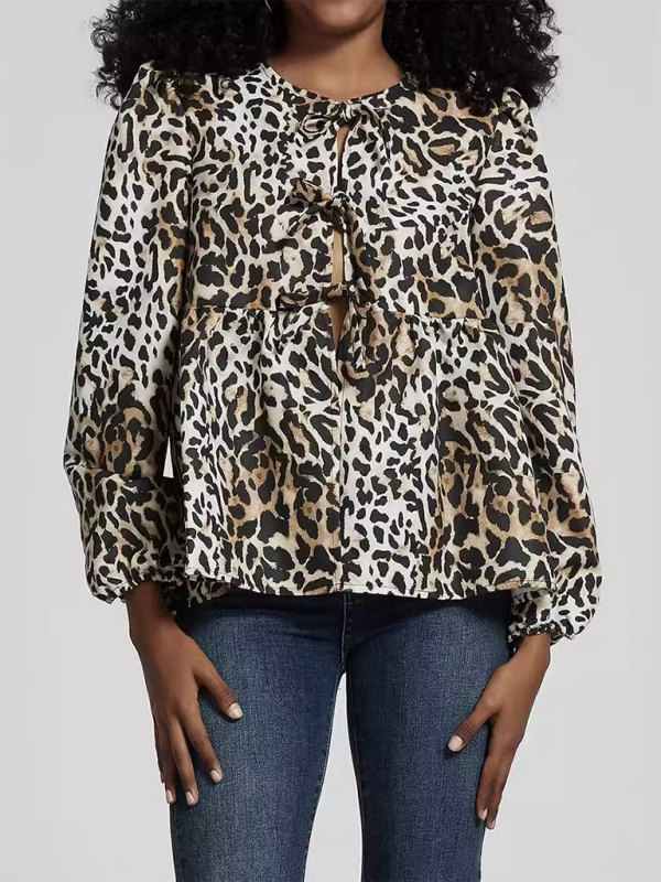 Leopard Print Lace-Up Loose Shirt Top