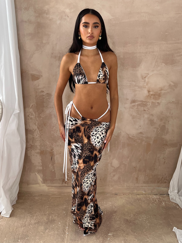 Leopard Print Three Piece Bikini Set