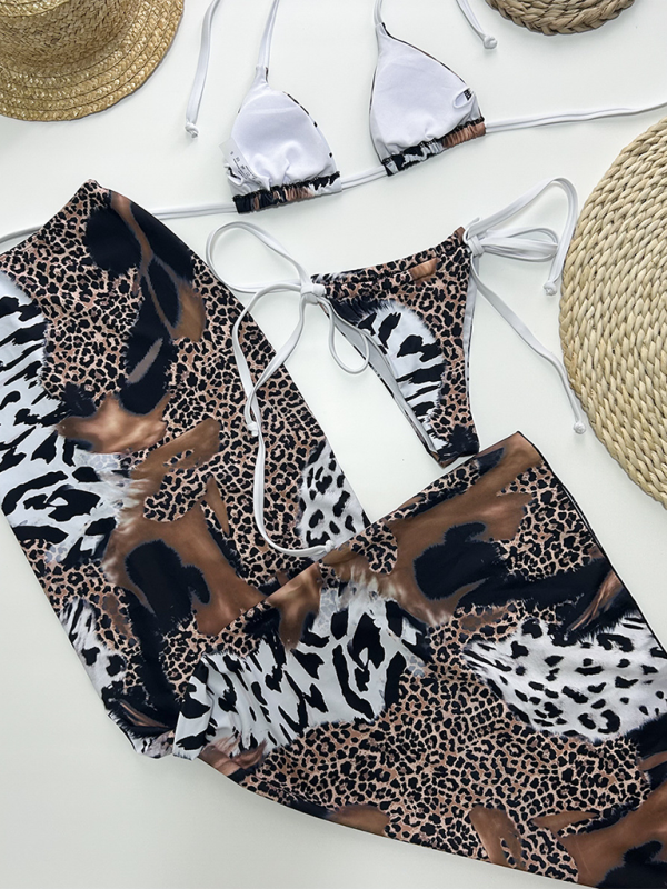 Leopard Print Three Piece Bikini Set