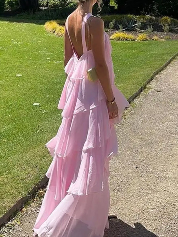 Ruffled Pink Halter-neck Backless Layered Dress