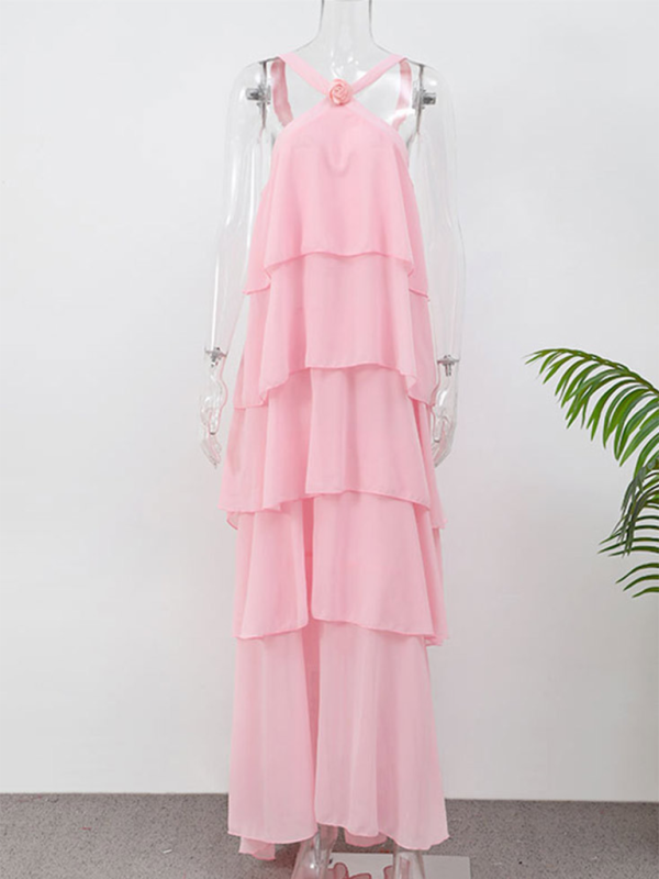 Ruffled Pink Halter-neck Backless Layered Dress