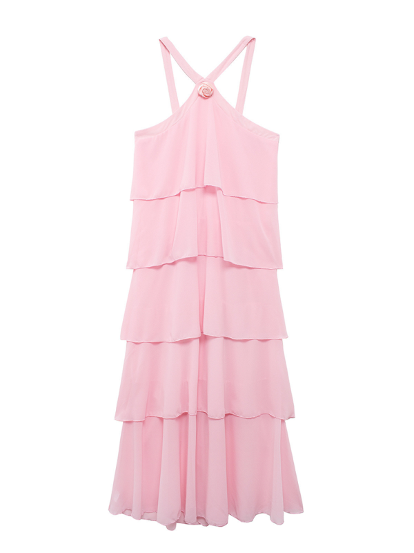 Ruffled Pink Halter-neck Backless Layered Dress